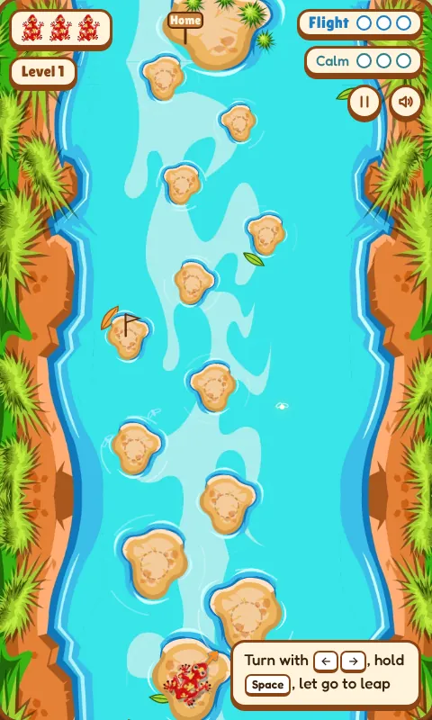 Level 1: the frog waits on the first stone with a trail of stones leading to home