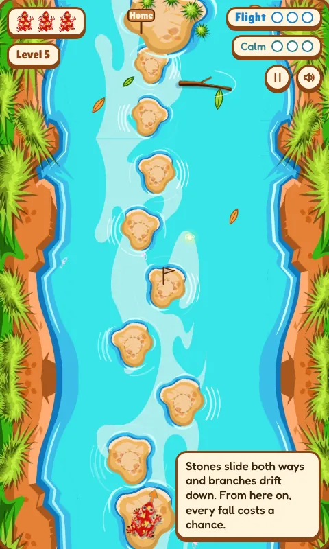 Level 5: sliding stones and a branch drifting down the river