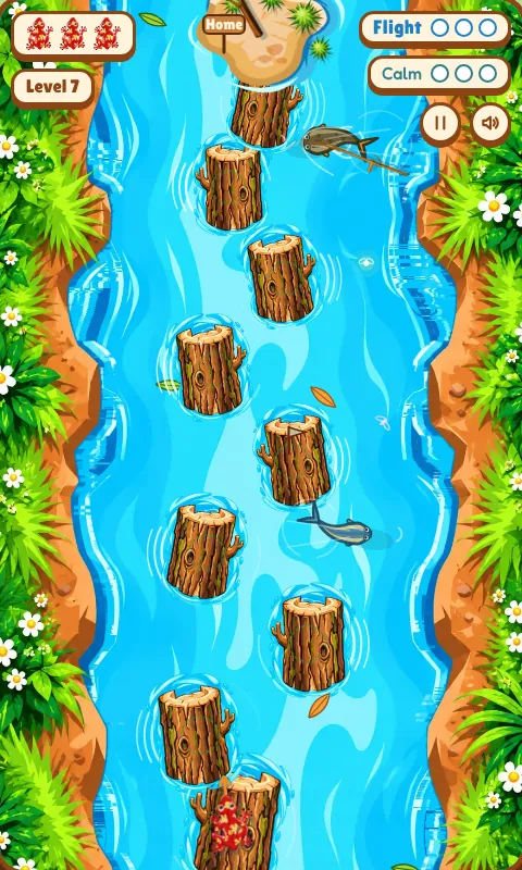 Level 7: floating logs in a flowery river with fish swimming between them